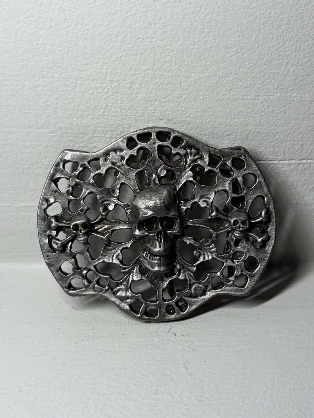 Vintage Pewter Skull And Bones Filigree Belt Buckle Silver Gothic Biker